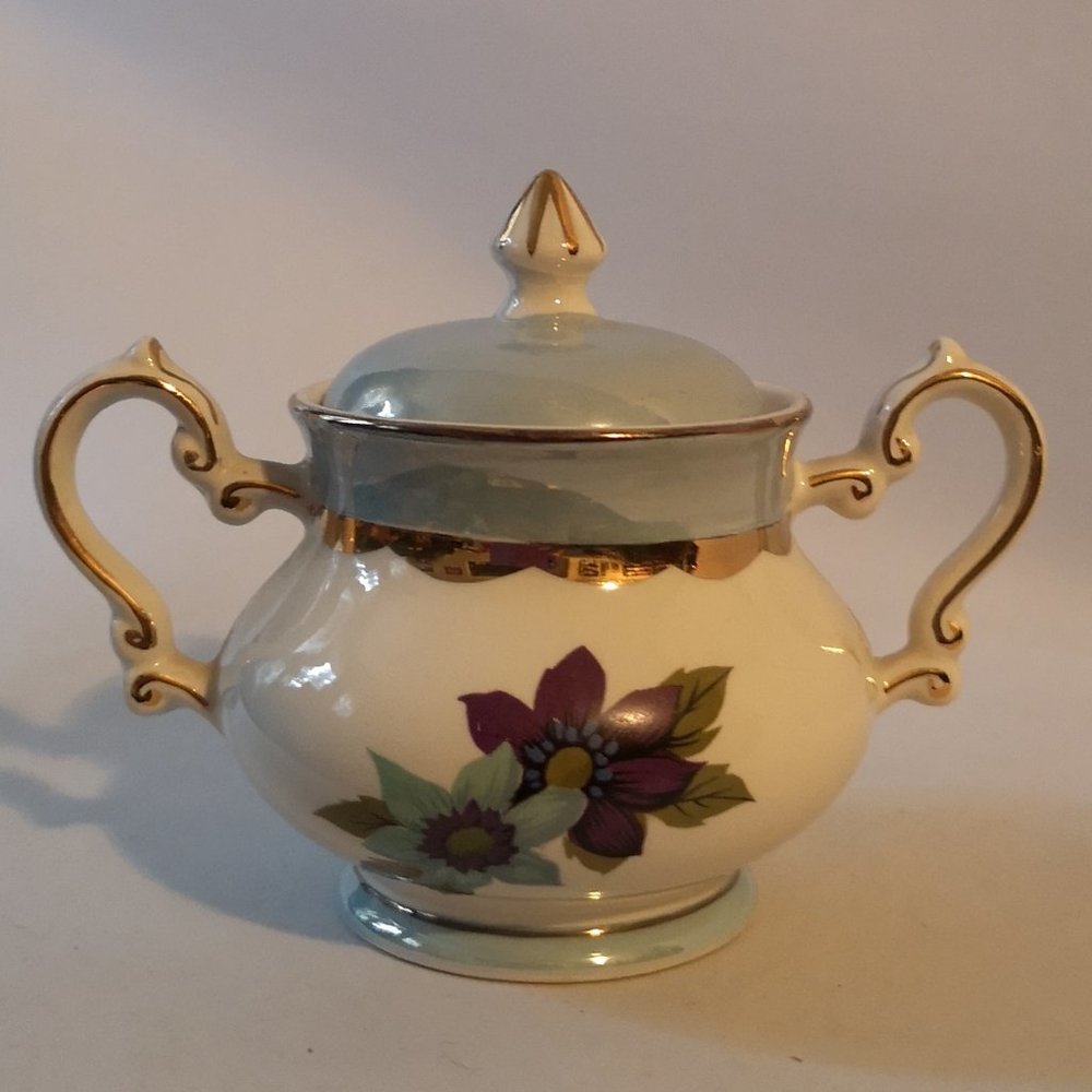 Vintage Gibsons Creamer w Lid (Tiffany) Blue Luster Gold Trim Blue Purple Floral